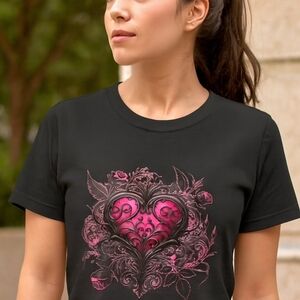 Black Tee with Pink Ornamental Heart • Gothic Boho Floral Graphic Shirt